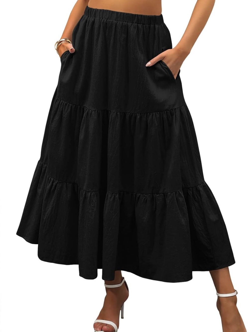 Women's Black Tiered Maxi Skirt with Pockets